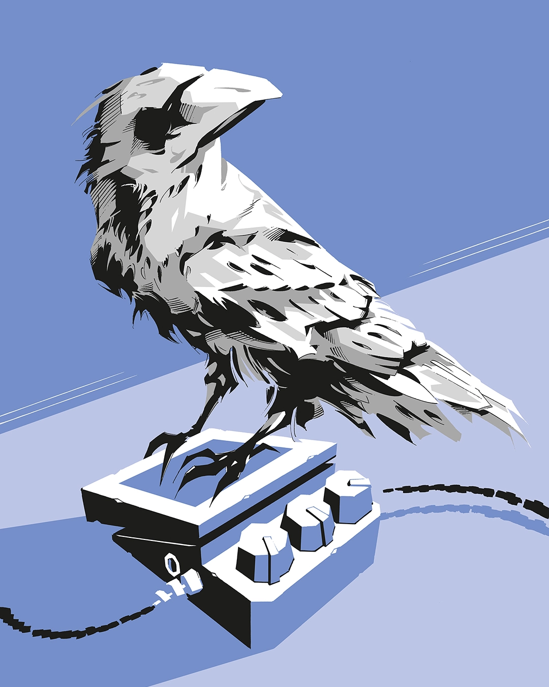 Illustration of a raven perched upon a distortion pedal.