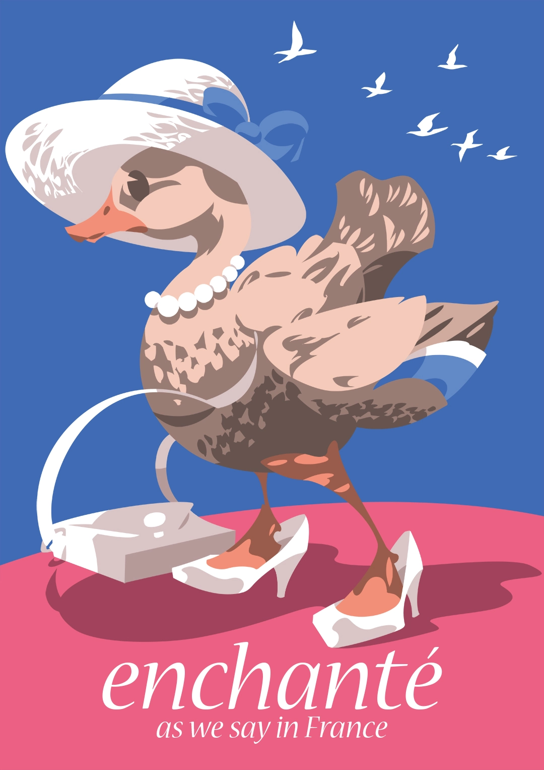 A mallard wearing high heels and accessories stands stands ready for luxury travel.